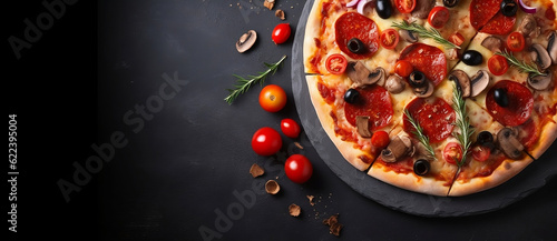 Pepperoni pizza on black concrete background, delicious tasty hot pizza cooking ingredients, copy space, top view, view from above, flat lay, for banner, menu, pizzeria, restaurant. generative ai