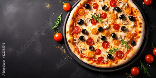 Tasty pepperoni pizza on black background, delicious hot pepperoni pizza cooking ingredients tomatoes olives mushrooms, copy space, top view, above, flat lay, banner, menu, pizzeria, generative ai