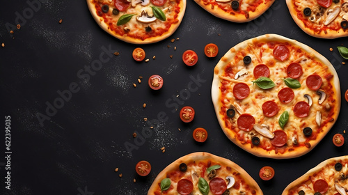 Different types of pizza on black concrete background, delicious salami pizza cooking ingredients tomatoes olives mushrooms, copy space, top view, above, flat lay, banner, menu, pizzeria.generative ai