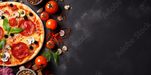 Pizza cooking food ingredients spices on black background, mushrooms, tomatoes, cheese, pepper, salt, basil, olive, Italian pizza on black concrete, copy space, top view, banner, menu, generative ai