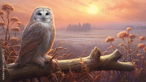 An owl sits on a tree branch in a field at sunset