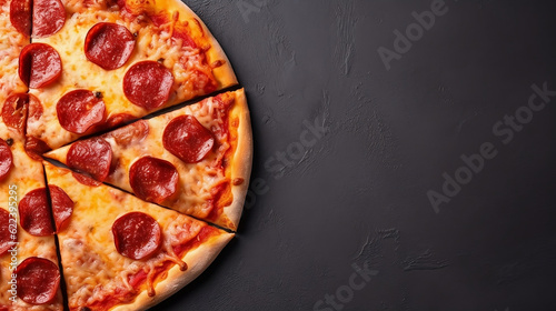 Pepperoni pizza on black clean background, delicious tasty pepperoni pizza on dark black table counter, copy space, top view, above, flat lay, banner, menu, pizzeria, restaurant. generative ai