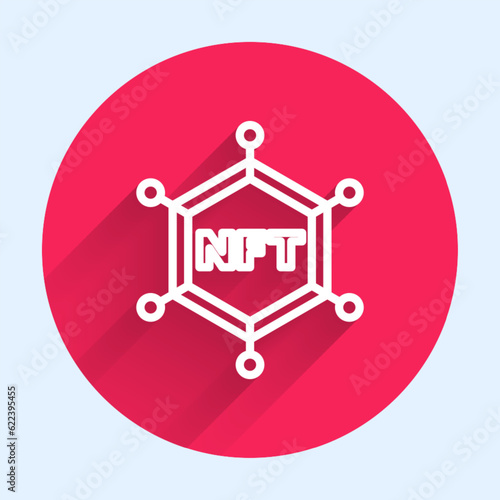 White line NFT blockchain technology icon isolated with long shadow background. Non fungible token. Digital crypto art concept. Red circle button. Vector