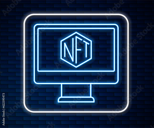 Glowing neon line Monitor with art store app icon isolated on brick wall background. Technology of selling NFT tokens for cryptocurrency. Non fungible token concept. Vector