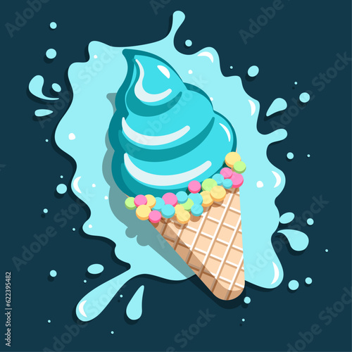 Poster with blue ice cream in a splash of melted cream on a dark background. Flat style. Vector illustration.