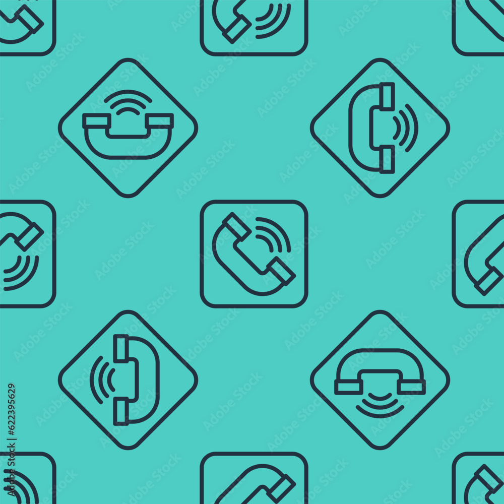 Black line Telephone handset icon isolated seamless pattern on green background. Phone sign. Vector Black line Telephone handset icon isolated seamless pattern on green background. Phone sign. Vector