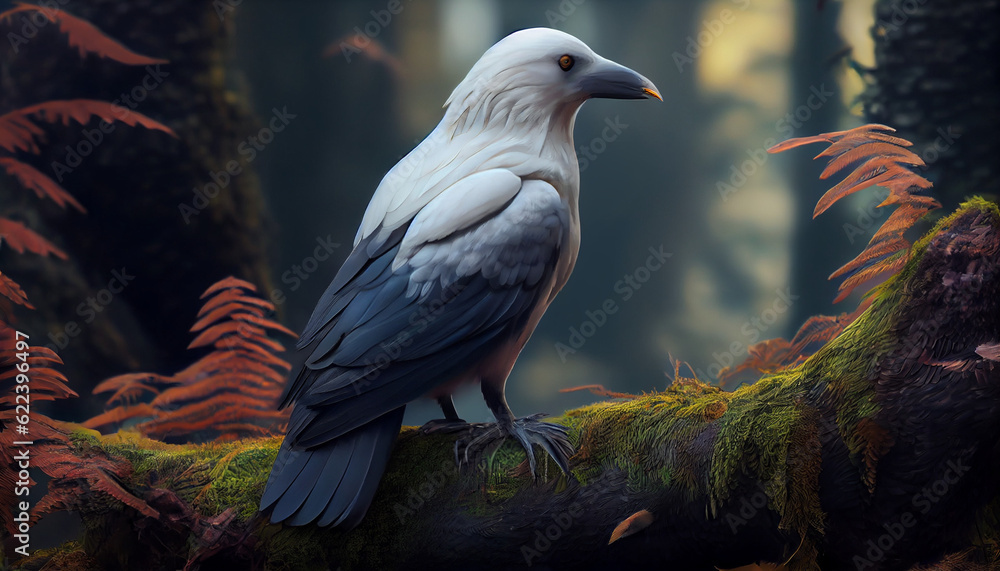Beautiful and extraordinary white crow or albino raven in the forest ...