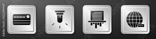 Set Credit card, Motion sensor, Paper shredder and Social network icon. Silver square button. Vector