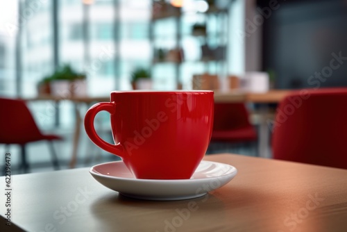 big red cup on the table, close-up view mock-up, ai tools generated image