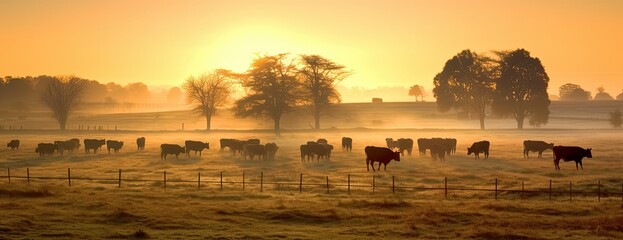 Panorama of grazing cows in a meadow with grass covered with dewdrops and morning fog, and in the background the sunrise in a small haze. Created with Generative AI technology.