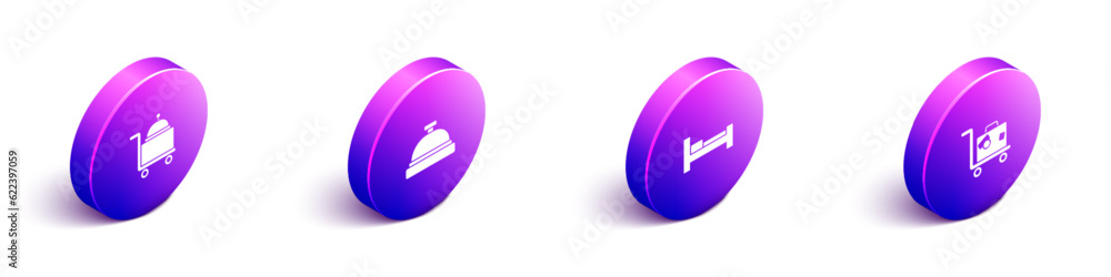 Set Isometric Covered with tray, Hotel service bell, room bed and Suitcase icon. Vector Set Isometric Covered with tray, Hotel service bell, room bed and Suitcase icon. Vector