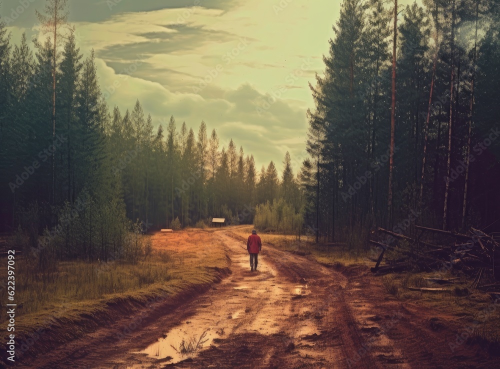 Fototapeta premium Confused man chooses road outdoor. Created with Generative AI technology.