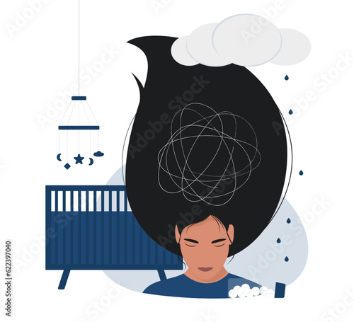 Woman with postpartum depression. Mental health. Womens psychology. Emotional burnout.