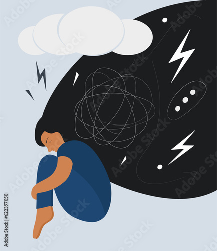 Depressed teen girl or woman with flowing hair. Mental illness. Vector illustration of mental health concept. 