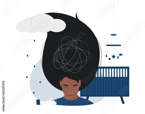 Black woman with postpartum depression. Mental health. Womens psychology. Emotional burnout. 