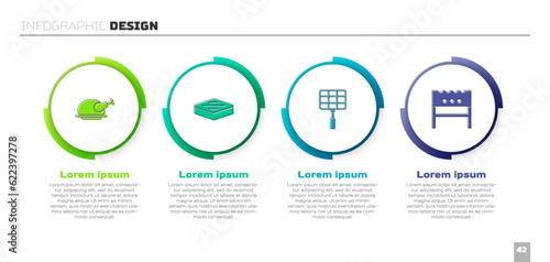 Set Roasted turkey or chicken, Steak meat, Barbecue steel grid and BBQ brazier. Business infographic template. Vector