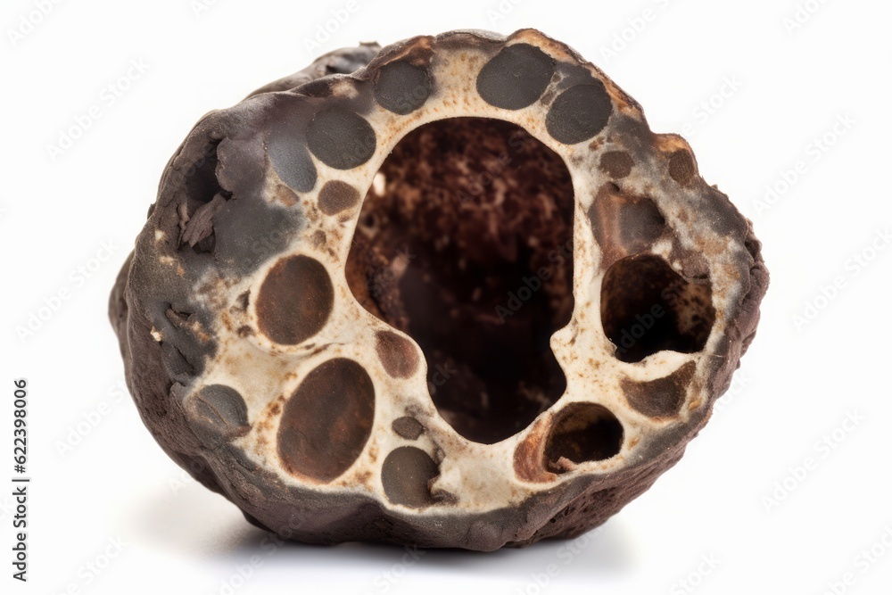 Photographic Capture of a Huge Wet Halved Manganese Nodule Isolated on a White Background Photographic Capture of a Huge Wet Halved Manganese Nodule Isolated on a White Background