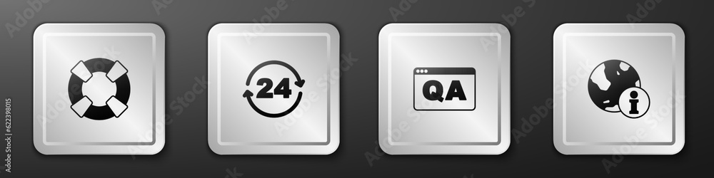 Set Lifebuoy, Telephone 24 hours support, Question and Answer and Information icon. Silver square button. Vector Set Lifebuoy, Telephone 24 hours support, Question and Answer and Information icon. Silver square button. Vector
