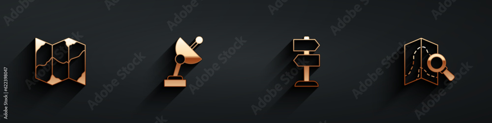 Set Folded map, Radar, Road traffic sign and Search location icon with long shadow. Vector Set Folded map, Radar, Road traffic sign and Search location icon with long shadow. Vector