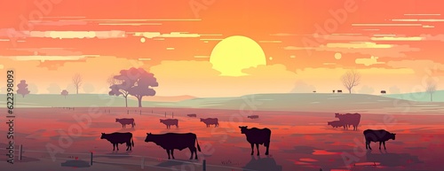 Panorama of grazing cows in a meadow with grass covered with dewdrops and morning fog, and in the background the sunrise in a small haze. Created with Generative AI technology. © lililia