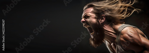 Angry young man screaming loud, side view and closeup, Copy space, Black Background, Generative AI