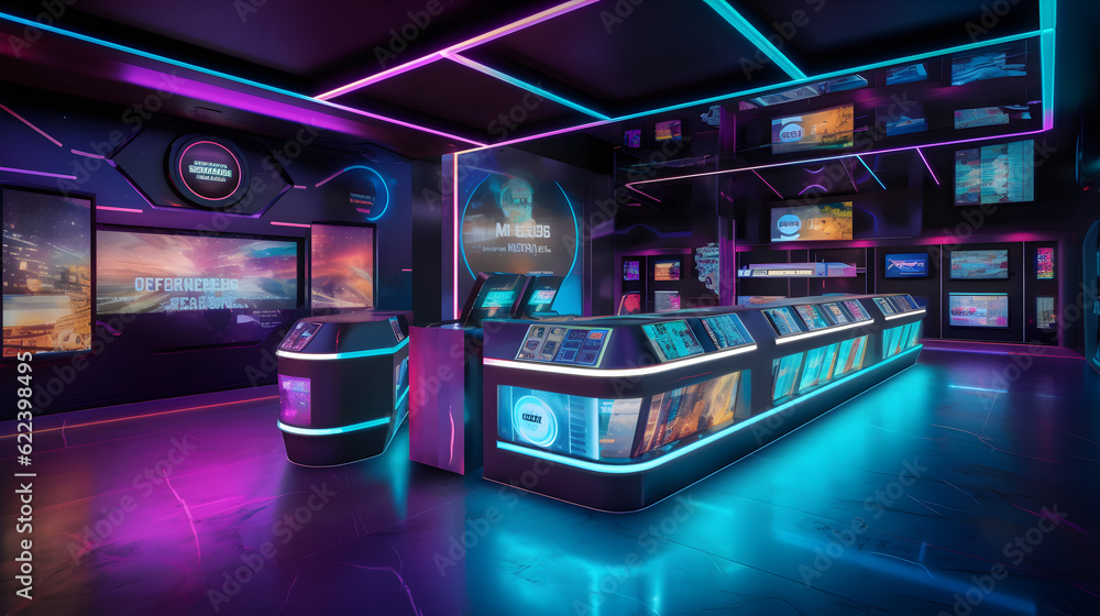 Futuristic registration reception desk, virtual gym, metaverse, advanced holographic displays, 3D futuristic aesthetic. Generative ai. Futuristic registration reception desk, virtual gym, metaverse, advanced holographic displays, 3D futuristic aesthetic. Generative ai.