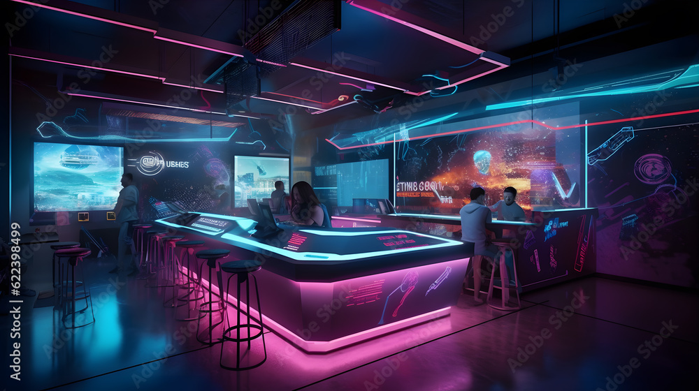 Futuristic registration reception desk, virtual gym, metaverse, advanced holographic displays, 3D futuristic aesthetic. Generative ai. Futuristic registration reception desk, virtual gym, metaverse, advanced holographic displays, 3D futuristic aesthetic. Generative ai.