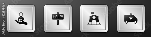 Set Caring for people, Help sign, Emergency medical tent and car icon. Silver square button. Vector