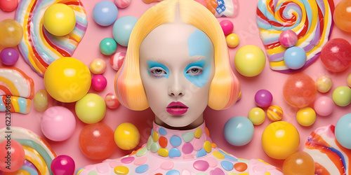 Fashion girl with bubble gum bubbles. 60s retro pop art Illustration, Generative AI
