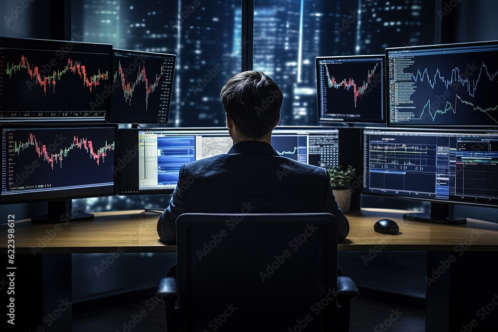 Trader operating on the financial market in an office with a desk and several monitors, Man seen from the back trading forex, Generative AI