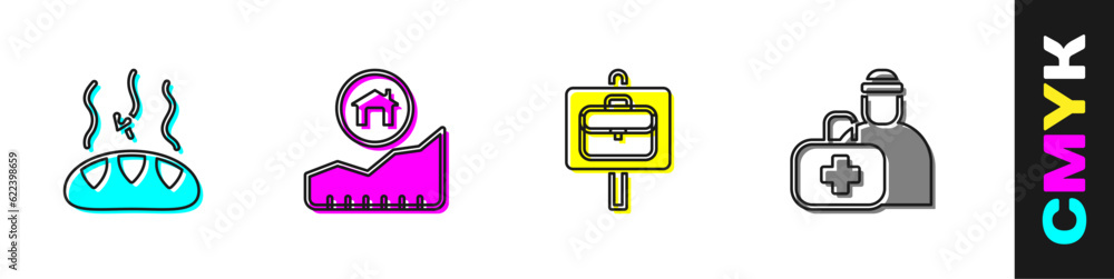 Set Donation food, Rising cost of housing, Work search and First aid kit icon. Vector Set Donation food, Rising cost of housing, Work search and First aid kit icon. Vector