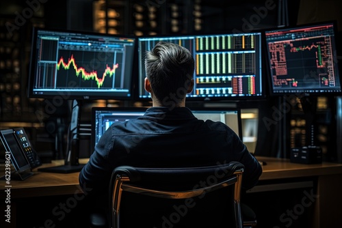 Trader operating on the financial market in an office with a desk and several monitors, Man seen from the back trading forex, Generative AI