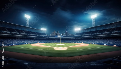 Baseball stadium seen from the bleachers at night, Generative AI
