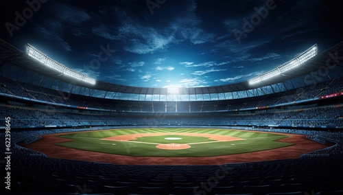 Baseball stadium seen from the bleachers at night, Generative AI photo