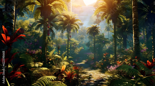 A lush tropical rainforest bursting with a riot of colors and textures. Towering palm trees reach towards the sky. Generative ai