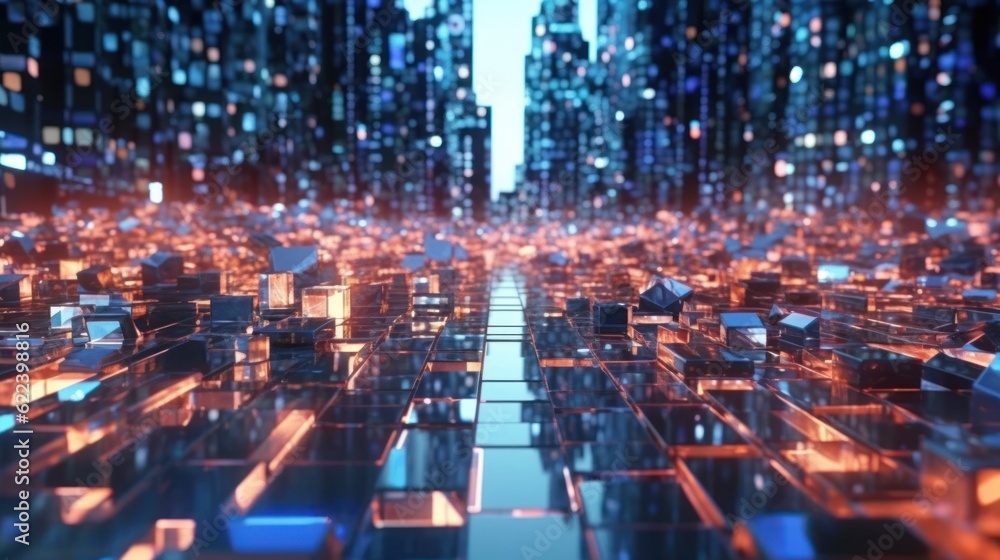 Fototapeta premium abstract digital background with multicolored virtual city, ai generated image