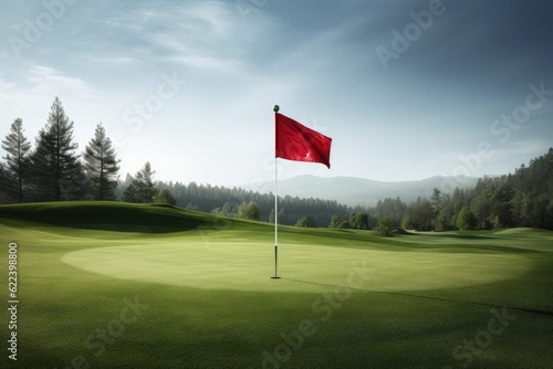 Golf course with golf hole and red flag with pine forest in the background, Generative AI 