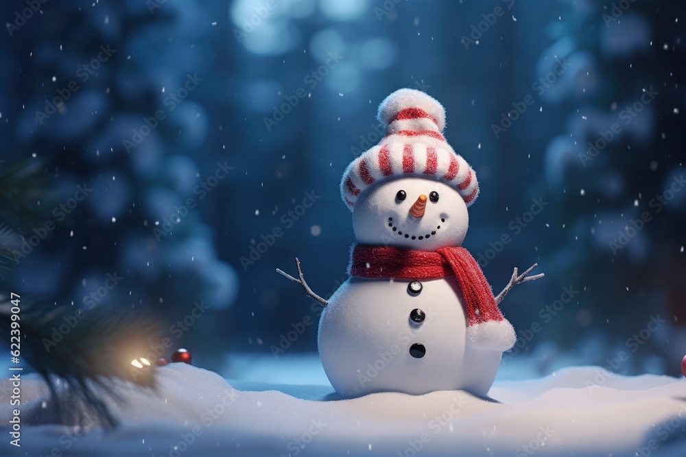 Snowman dressed in a Santa Claus hat and scarf in a snowy place with a landscape of pine trees in the background, christmas scenery with snowman, Generative AI