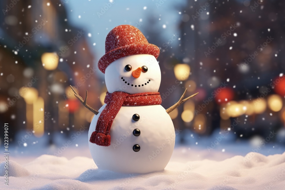 Snowman dressed in red hat and scarf, with snow and blurred village in the background, christmas scenery with snowman, Generative AI