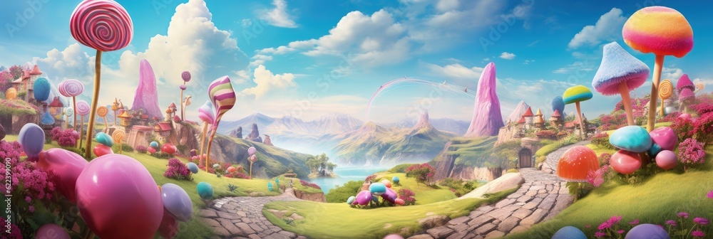 Candy world, candy land, fantasy land made of candy with colorful lollipops, Generative AI Candy world, candy land, fantasy land made of candy with colorful lollipops, Generative AI