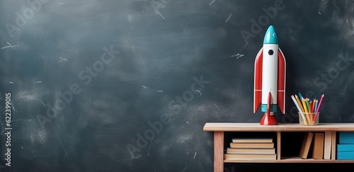 School blackboard background with rocket and wooden table, chalkboard, Generative AI