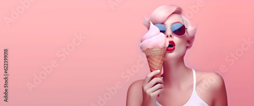 Portrait of beautiful woman with ice cream on a pink background. Generative AI
