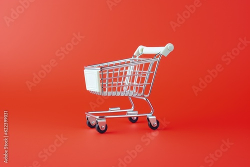 Shopping cart on red background, supermarket trolley isolated, Generative AI 