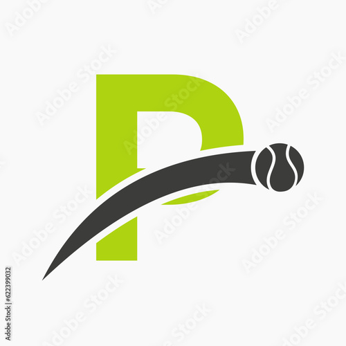 Tennis Logo On Letter P With Moving Tennis Ball Icon. Tennis Logo Template