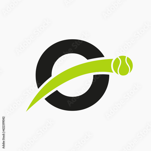 Tennis Logo On Letter O With Moving Tennis Ball Icon. Tennis Logo Template