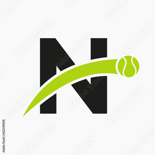 Tennis Logo On Letter N With Moving Tennis Ball Icon. Tennis Logo Template