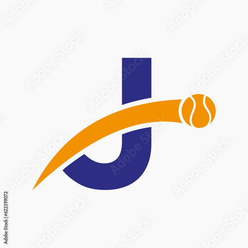 Tennis Logo On Letter J With Moving Tennis Ball Icon. Tennis Logo Template