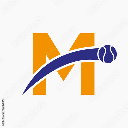 Tennis Logo On Letter M With Moving Tennis Ball Icon. Tennis Logo Template