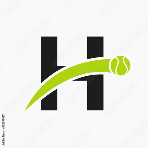 Tennis Logo On Letter H With Moving Tennis Ball Icon. Tennis Logo Template
