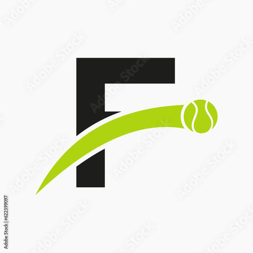 Tennis Logo On Letter F With Moving Tennis Ball Icon. Tennis Logo Template